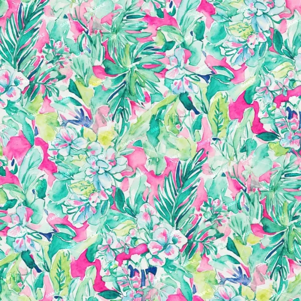 The Lilly Disney Dreaming features a vibrant tropical floral pattern with overlapping leaves and flowers in green, pink, blue, and white.