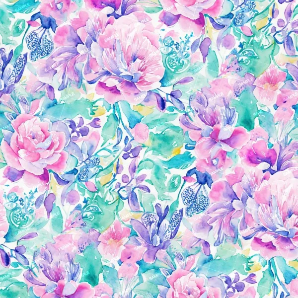 The Preppy Flower Watercolor 44 (Copy) showcases a vibrant watercolor pattern of pink, purple, and blue flowers with green leaves. Intricate blossoms blend seamlessly against a light background.