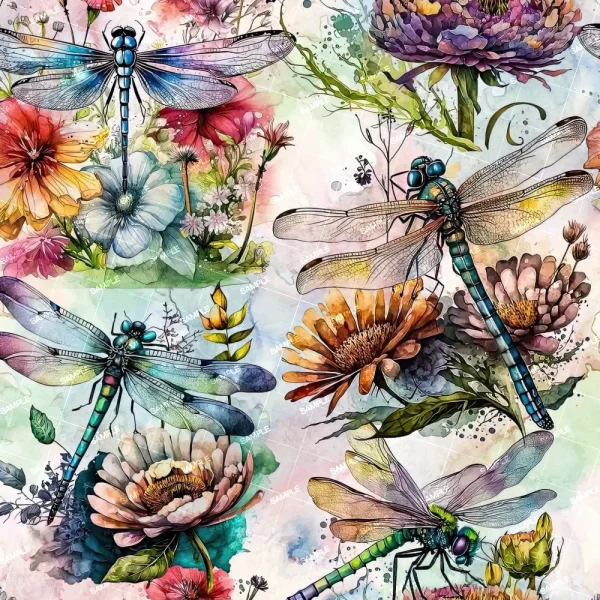 The Preppy Flower Watercolor 45 (Copy) features intricate dragonflies detailed in shades of blue, green, and turquoise amidst vibrant flowers in blue, green, and orange hues on a light background.