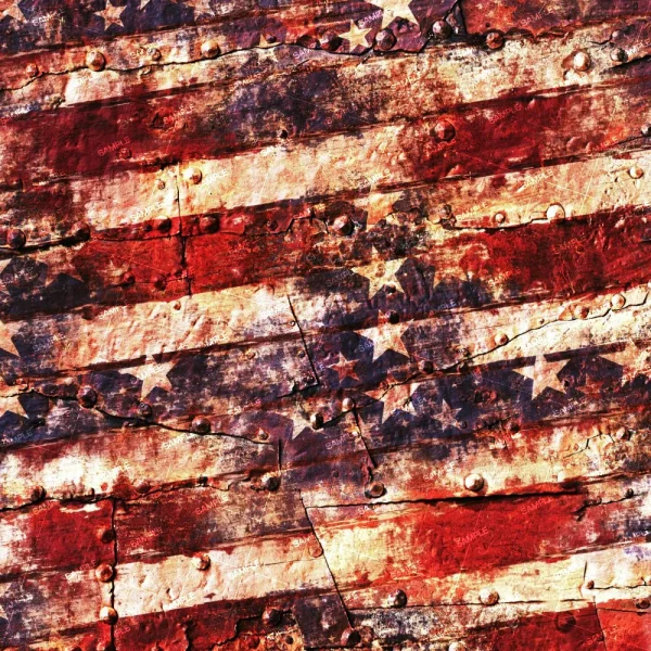 The Patriotic Eagles 28 features a rusted metal surface with a distressed American flag design, showcasing red and white stripes alongside white stars on a blue background, with rough texture, visible rivets, and weathered colors.