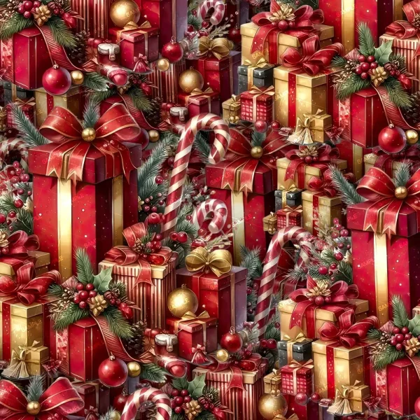 The Grinch Style Christmas Presents feature a festive pattern of red and gold wrapped gifts adorned with large bows. Candy canes, holly, pine branches, and red and gold ornaments add to the holiday theme.