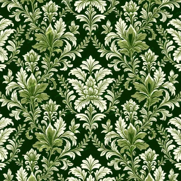 The product, Watercolor Dragonflies 23 (Copy), features an intricate green and white floral damask pattern with symmetrical, leafy designs on a dark green background, incorporating a classic repeating motif of stylized foliage.