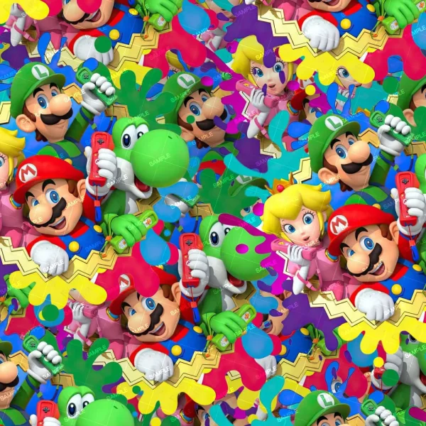 A colorful pattern featuring illustrated characters from Candy Crush Game 43 (Copy), including plumbers in red and green, a dinosaur, and a princess. The background showcases vibrant, multicolored puzzle pieces.