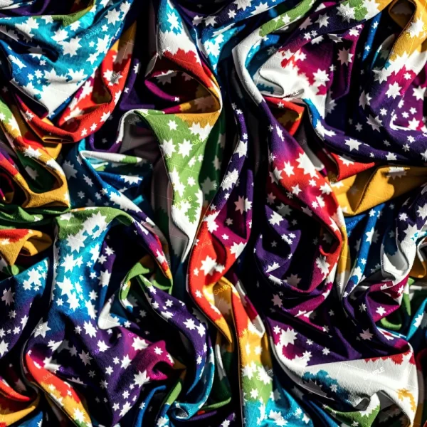 A close-up of crumpled Freestyle Macrame fabric showcases a vibrant pattern with overlapping red, blue, green, yellow, and purple colors adorned with small white maple leaves.