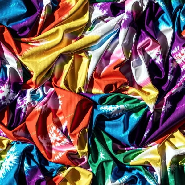 The Rainbow Star Fabric (Copy) features a vibrant, multicolored tie-dye pattern in red, yellow, green, blue, purple, and white. It's crumpled with "SAMPLE" repeatedly printed across it in white.