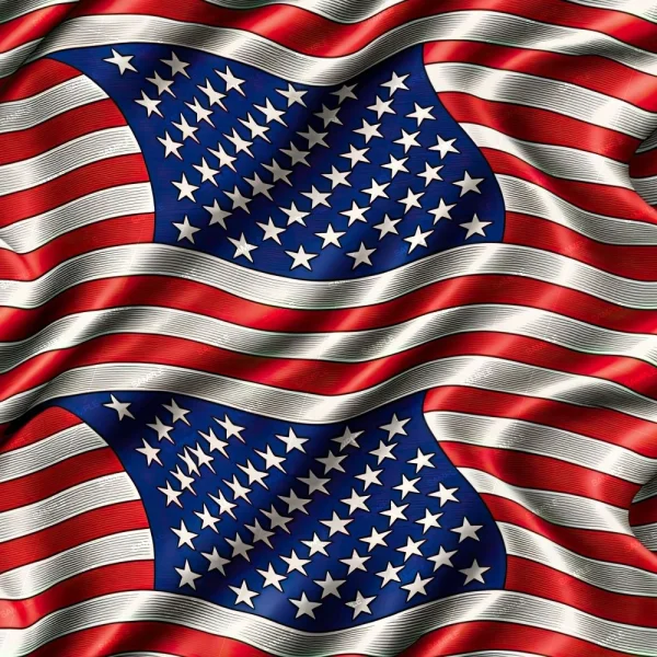 The product, US Flag Waving 32 (Copy), features a wavy rendering of two U.S. flags with red and white stripes and white stars on a blue background, oriented diagonally opposite each other to create a symmetrical pattern.