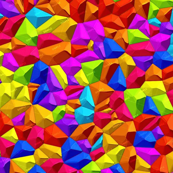 The Southwest Style Blanket 42 features a vibrant abstract pattern with a mosaic of geometric shapes in bright red, blue, yellow, green, purple, and orange. It has a faceted look with "SAMPLE" repeated across its surface.