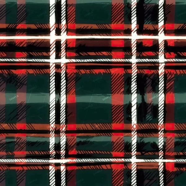 The Van Halen Tartan (Copy) features a plaid pattern of intersecting red, black, white, and green stripes. Its textured look includes irregular lines and shading for a hand-drawn appearance.