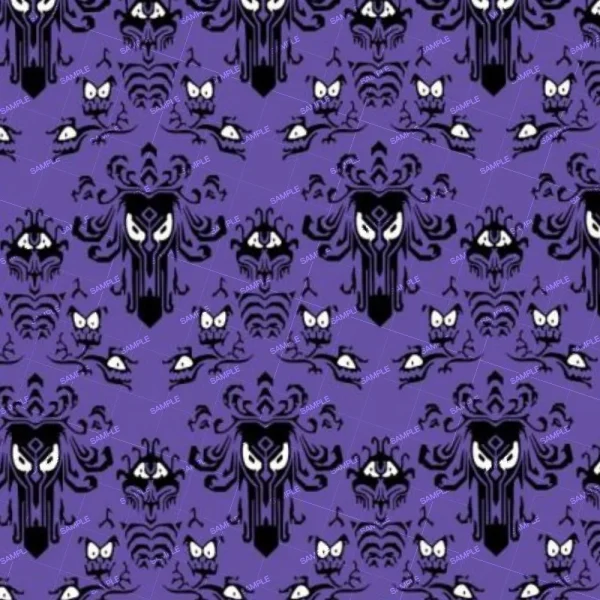 The Haunted Mansion pattern boasts stylized black and white skull designs amidst floral motifs and butterflies, creating a seamless, symmetrical appearance in purple.