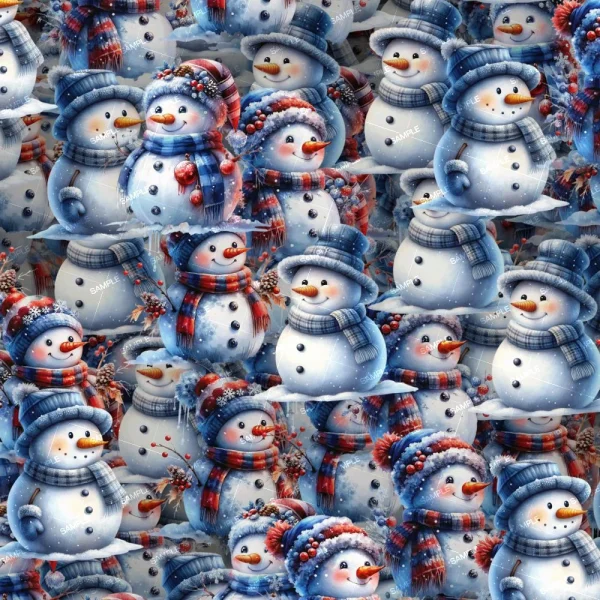 The "Christmas Presents 47 (Copy)" design showcases a seamless festive pattern with cheerful snowmen in hats and scarves, some holding twig arms, against a backdrop of snowflakes and winter-themed decorations.