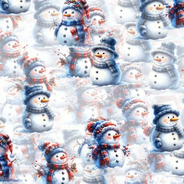 The "Christmas Presents 47 (Copy)" offers a seamless pattern with colorful snowmen in hats and scarves. Some snowmen are holding twigs or adorned with buttons, all set against a soft, snowy landscape for a wintry atmosphere.