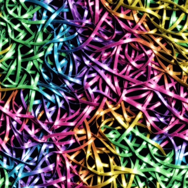 A chaotic tangle of Psychadelic Topograph (Copy) LED light strips glows vibrantly in blue, pink, green, yellow, and purple against a black background.
