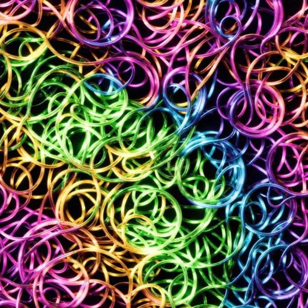 A chaotic yet colorful pattern of vivid red, pink, yellow, green, and blue flexible tubes loops and curls against a black background. Overlapping and intertwining in a tangled mass, they create the vibrant design of Colorful Ribbons 43 (Copy).