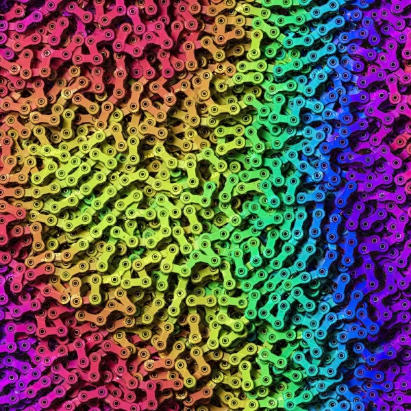 Close-up of Rainbow Lighted Fiber Optic Cable in a gradient pattern transitioning smoothly from red to orange, yellow, green, blue, and purple, creating a vibrant and textured appearance.