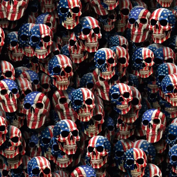The US Flag Skulls 47 features a pattern of closely packed skulls adorned with the American flag design, showcasing stars and stripes in vivid red, white, and blue.