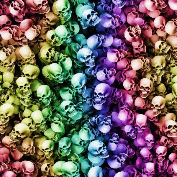 The Rainbow Lighted Fiber Optic Cable features a densely packed pattern of skulls in vibrant rainbow colors, transitioning from green to blue, purple, and pink. The closely layered skulls create a textured, colorful visual effect.