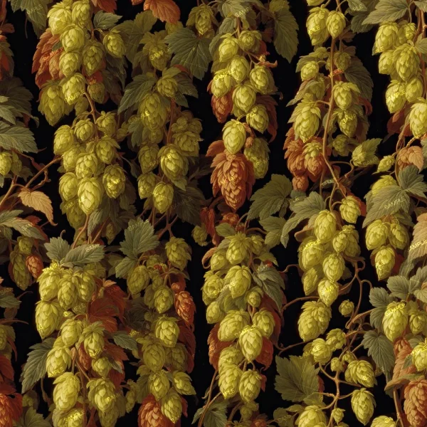 Vertical hop vines with yellow-green cones and leaves in green and brown shades, set against a dark background, featuring the "Wet Tangerines" pattern.