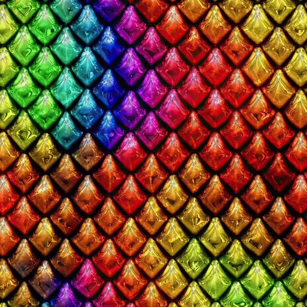 Close-up of Color Brushstrokes (Copy), a textured surface featuring diamond-shaped scales in vibrant red, orange, yellow, green, blue, and purple hues. The scales reflect light beautifully for a shiny appearance.