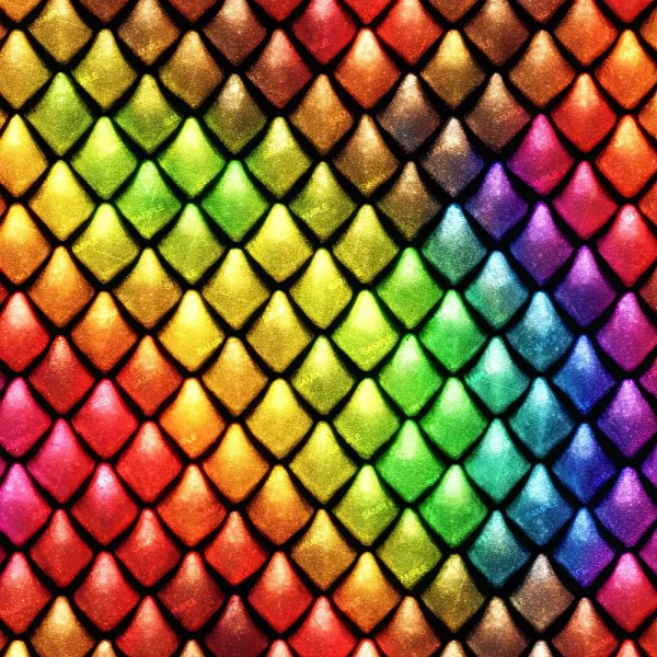 A close-up of Color Brushstrokes reveals a textured, metallic scale pattern with a gradient transitioning through red, orange, yellow, green, and blue.