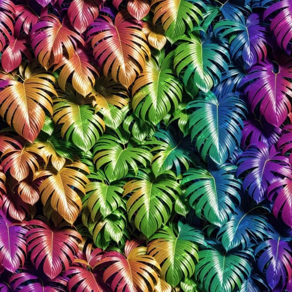 The Rainbow Dragon Scales 42 (Copy) showcases a dense, multicolored array of monstera leaves in vibrant shades of red, orange, yellow, green, blue, and purple overlapping across the image.