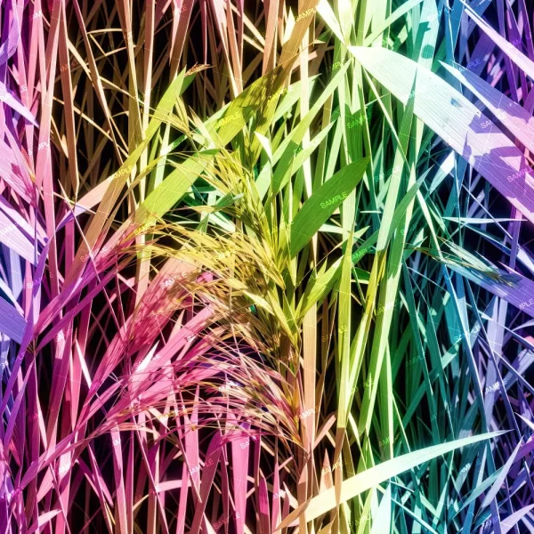 The Colored Leaves 42 (Copy) showcases a dense array of sharp, overlapping leaves with a vivid color gradient from pink, orange, yellow, and green to blue and purple, creating an intricate and dynamic visual effect.