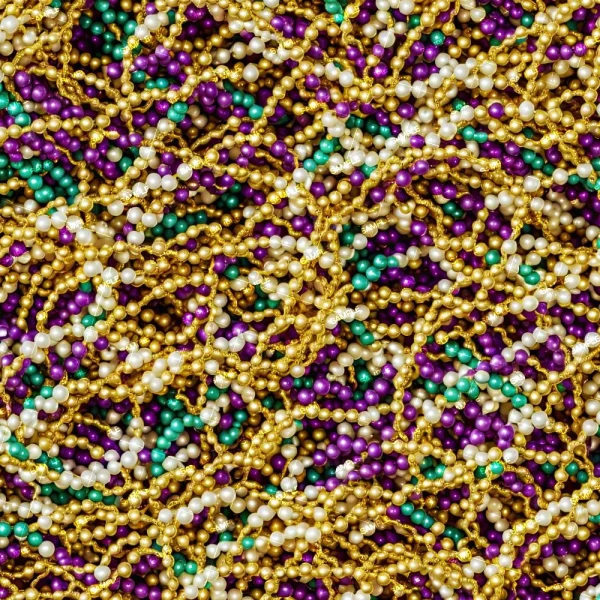 A vibrant assortment of gold, purple, green, and pearl-like beads resembling festive Mardi Gras decorations intricately intertwined to form a dense pile covering the entire frame. Check out our delightful Mexican Serape Blanket 42 for more colorful celebration vibes.