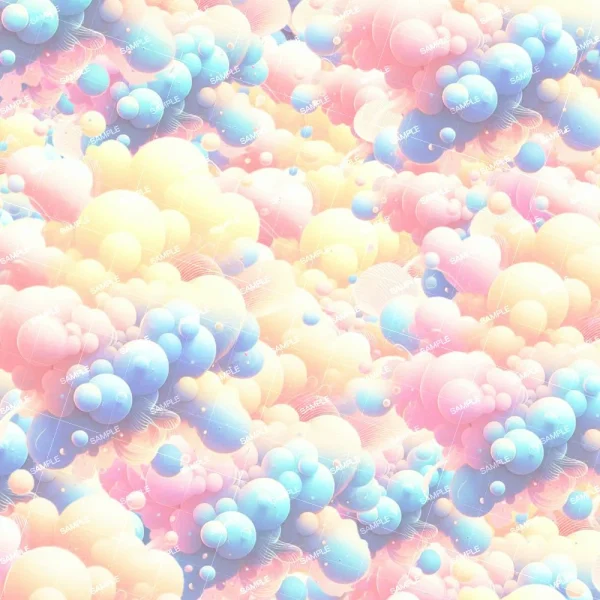 Abstract image featuring a pattern of overlapping spheres in pastel pink, blue, and yellow. Varying in size, they form a layered, cloud-like effect with the word "Haunted Mansion (Copy)" repeatedly overlaid.