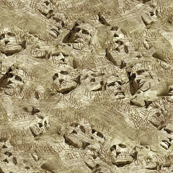A sepia-toned image titled "US Flag Skulls 47 (Copy)" shows carved statue faces resembling Mount Rushmore, layered with the cursive phrase "We the People," repeated throughout.