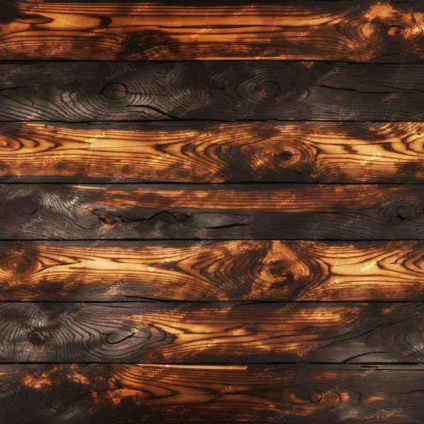 Close-up view of the Wood Fire Pit surface features dark brown textured planks with visible wood grain and knots. Diagonal light highlights sections, creating contrasts between light and shadow across the planks.