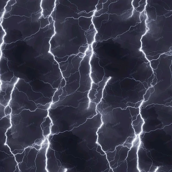 The dramatic display of Lightning 39 fills the dark, cloudy sky with bright, jagged bolts stretching vertically, illuminating the clouds in a white and bluish glow and conveying intense atmospheric electricity.