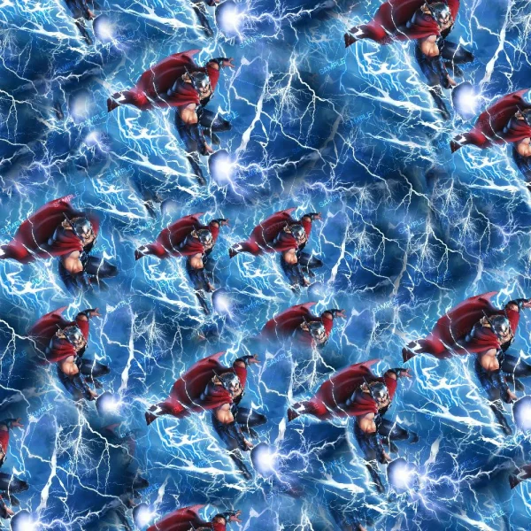 A dynamic design showcasing a comic book superhero in a red cape with a hammer, enveloped by blue lightning against an electrifying background, is featured on the Batman Villains product.