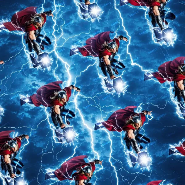 A repeat pattern featuring the illustrated superhero Thor, wearing a helmet, red cape, and holding a hammer amidst blue lightning against a stormy sky, called "Thor 25 (Copy).