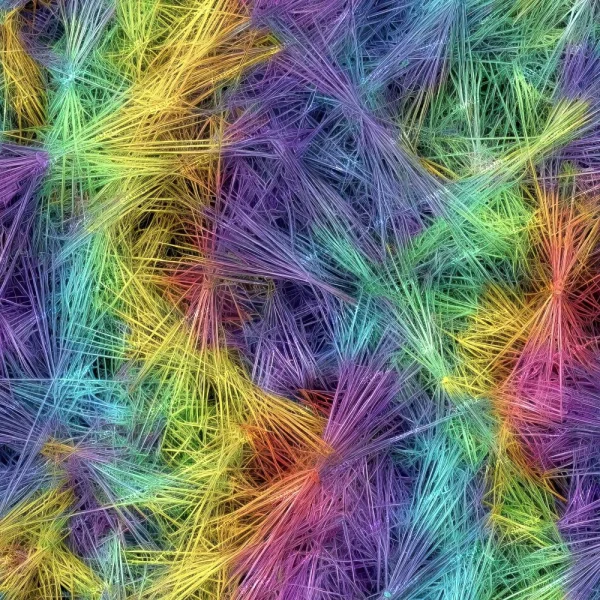 Colored Leaves 43 (Copy) features a dense network of multicolored, wispy lines intersecting and overlapping to form an intricate texture with vibrant colors ranging from purple, blue, green, yellow, orange, to red.