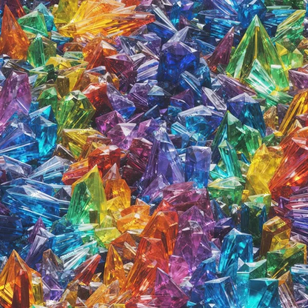 Colored Leaves 43 (Copy) features a dazzling display of densely clustered, multi-colored crystals cut into various pointed shapes with vibrant hues of blue, red, purple, green, yellow, and orange.