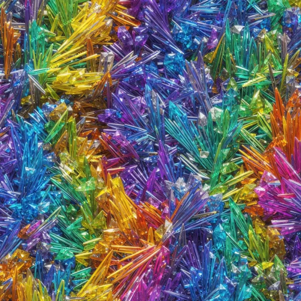 Colored Leaves 43 features vibrant crystal-like formations in blue, yellow, orange, and green, creating an intricate pattern that resembles a colorful abstract landscape.