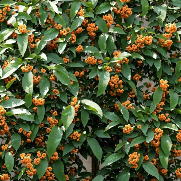 Clusters of vibrant orange flowers dot the dense bush, nestled among abundant green leaves. These blossoms evenly spread across the foliage, creating a striking pattern. Product: Canned Food Drive (Copy).