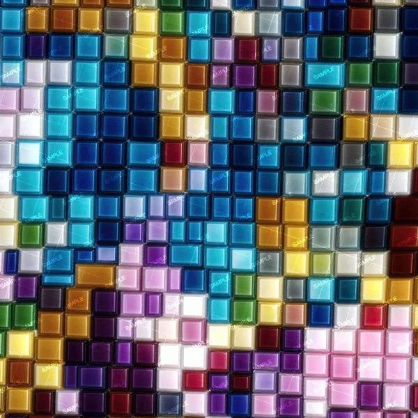 A mosaic of multicolored, translucent square tiles featuring shades of blue, purple, green, yellow, and pink in a random pattern with "SAMPLE" repeatedly printed is depicted on the Colored Fiberglass Mat (Copy).
