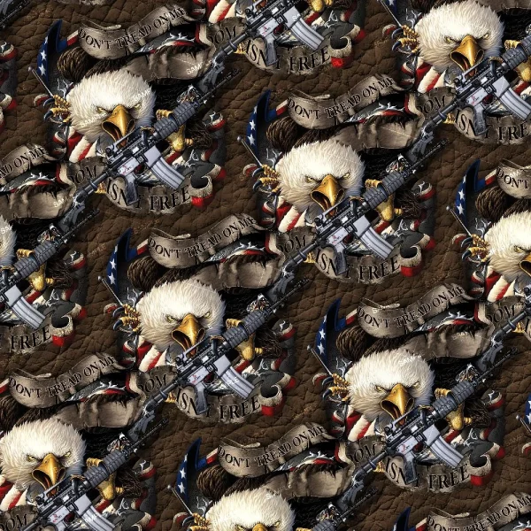 Pattern featuring bald eagles with fierce expressions, American flags, and "Don't Tread On Me" banners. Eagles hold rifles against a dark textured background in the Mount Rushmore Constitution (Copy) design.