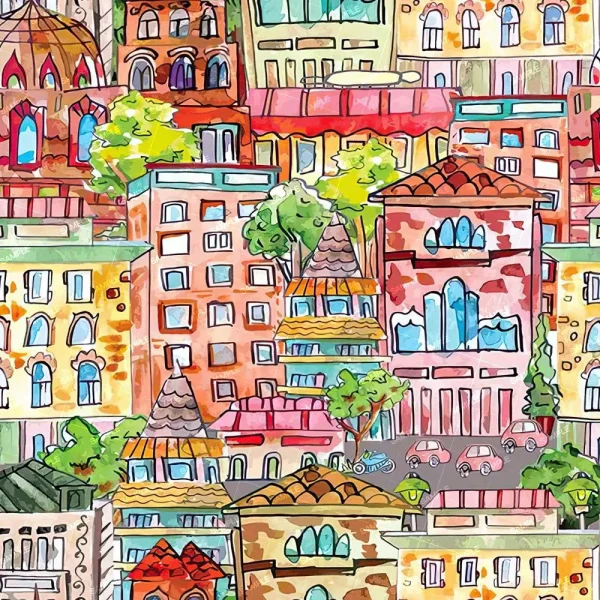 A hand-drawn illustration of a cityscape with whimsical buildings featuring domes and arched windows, vibrant rooftops, interspersed trees, and a few street vehicles.