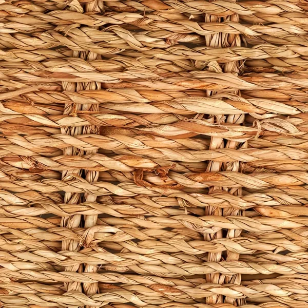 A close-up of Rattan Pattern 49 showcases a woven texture with interlaced natural fibers, featuring horizontal and diagonal lines. The coarse material presents in shades of tan and brown.