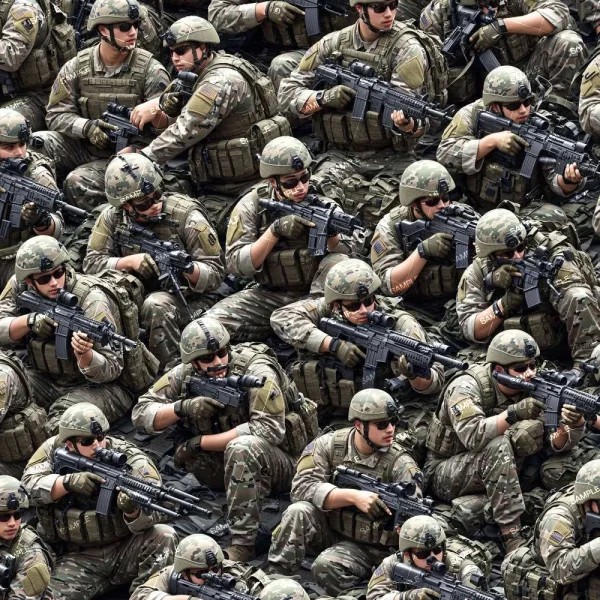 A compact formation of soldiers in camouflage uniforms and helmets, armed with rifles—crouched or kneeling and scanning in various directions, indicating readiness for action or defense. This is depicted as "Army Memorial 24 (Copy).