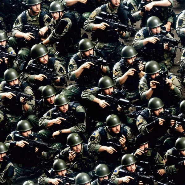 A dense assembly of Army Men 44, wearing green helmets and camouflage uniforms, holding rifles in various poses. The image features a repeating pattern with soldiers facing forward in a compact formation.