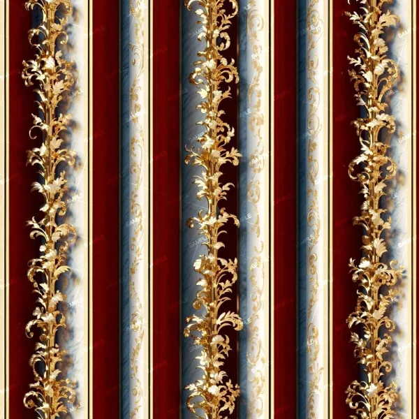 The "Flowing Molten Gold" wallpaper features ornate vertical stripes with intricate golden floral patterns on alternating red and light blue backgrounds, exuding a luxurious, classical appearance.