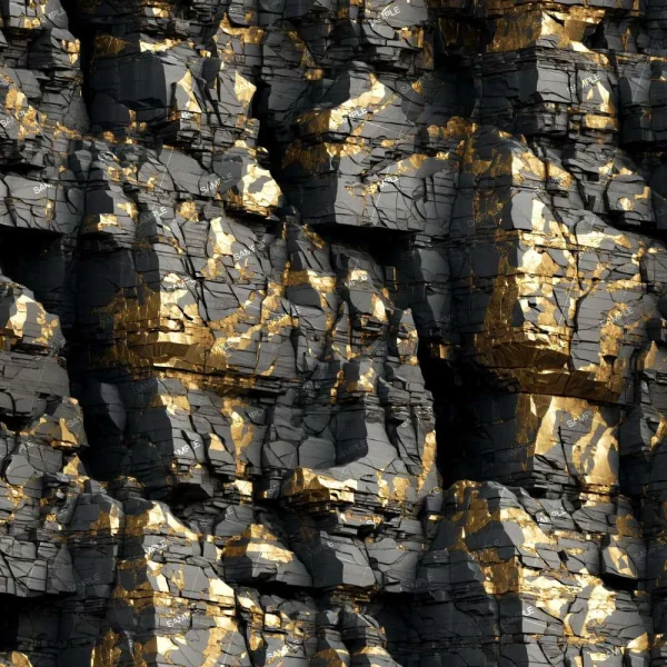 Product Name: Flowing Molten Gold (Copy) features a textured rock surface with dark gray and black stone layers, accented by irregular metallic gold streaks, creating a rugged, uneven appearance with sharp edges and deep crevices.