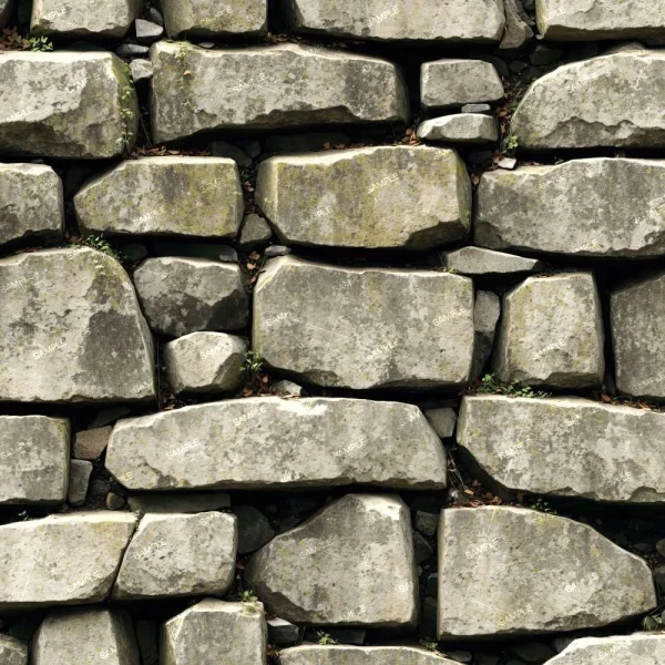 Close-up of the Great Stone Wall of China 42, featuring an old stone wall crafted with irregular, weathered stones. The varied sizes create a rough, uneven surface, with small amounts of moss and plants growing in the crevices.
