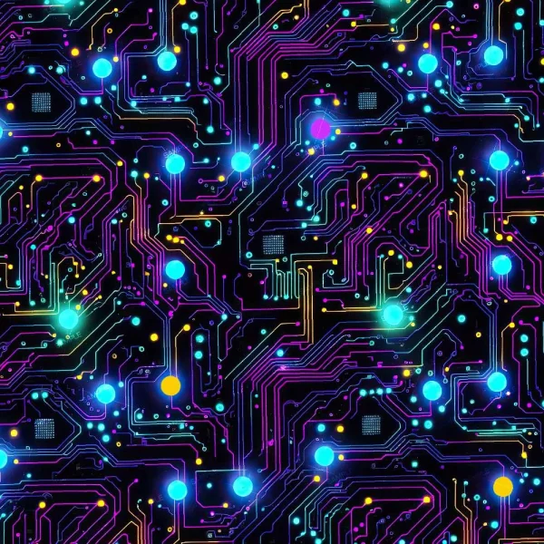 Circuit Board 55 features a dynamic pattern of neon blue, purple, and orange lines and glowing nodes against a black backdrop, evoking an electronic or digital network.
