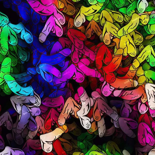The artwork "Rainbow Water (Copy)" showcases vibrant graffiti-style imagery of abstract hand gestures with pointed fingers in a kaleidoscope of colors, overlapping to form a dynamic and lively pattern.