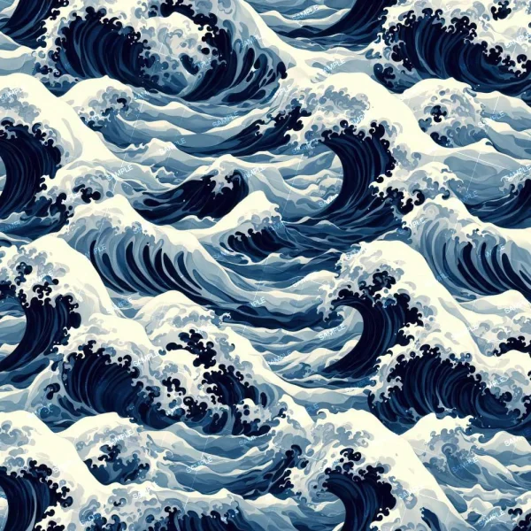 The Kangawa Wave 48 features a seamless pattern of stylized dark blue ocean waves with whitecaps, echoing traditional Japanese art in a dynamic, flowing design.
