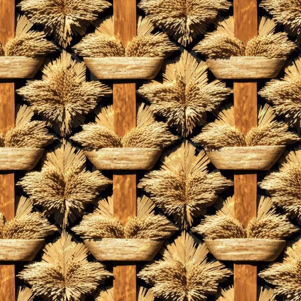 Close-up of the Woven Jute 22 (Copy) pattern showing baskets of wheat in a grid with vertical wooden dividers, creating a textured, natural, and symmetrical design.