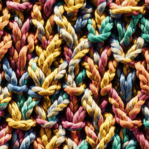 Close-up of Floral Style Woven Rattan (Copy), highlighting its thick, multicolored yarns in yellow, red, blue, and green, interwoven to create a textured, chunky knitted pattern.